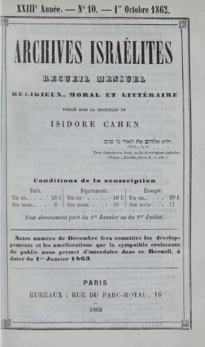 Archives israélites de France. Vol.23 N°10 (octobre 1862)